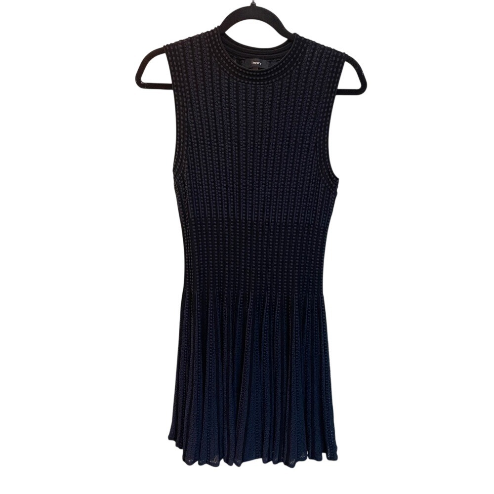 Theory Womens Navy Black Textured Knit Sleeveless Fit & Flare Mini Dress Size M‎
